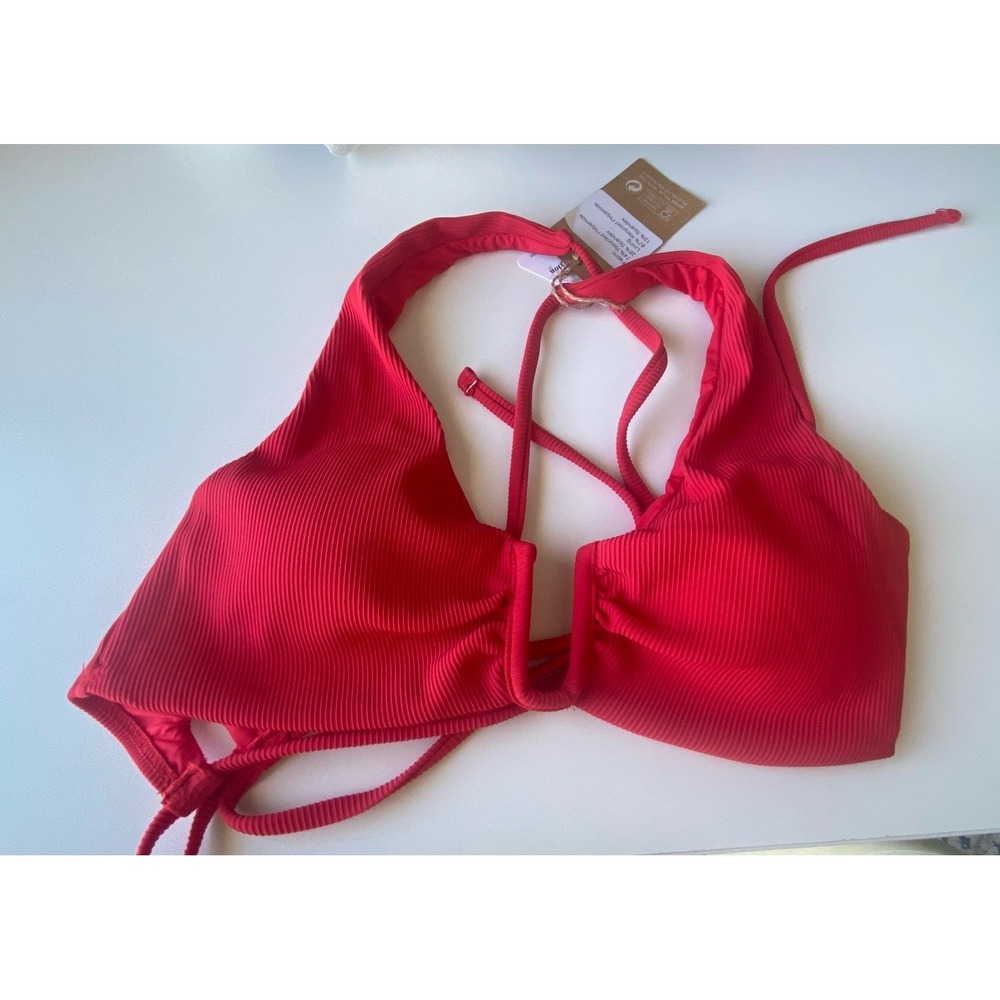 QINSEN Red Ribbed Triangle Bikini Top Size‎ Large Recycled Nylon New